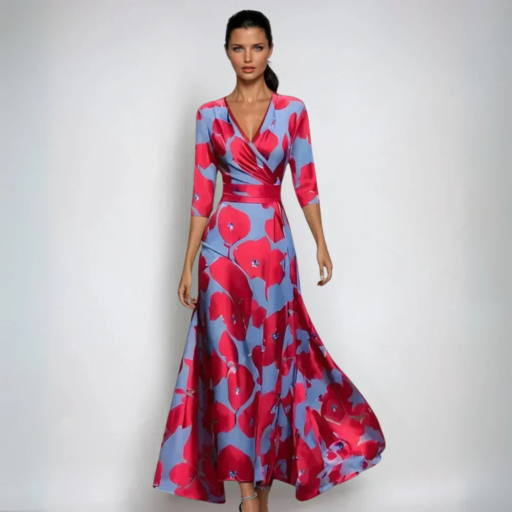 Damen Blumenmuster Wickel-Maxikleid | V-Ausschnitt