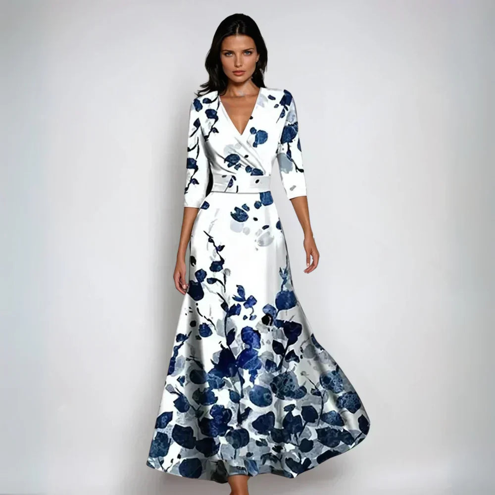 Damen Blumenmuster Wickel-Maxikleid | V-Ausschnitt