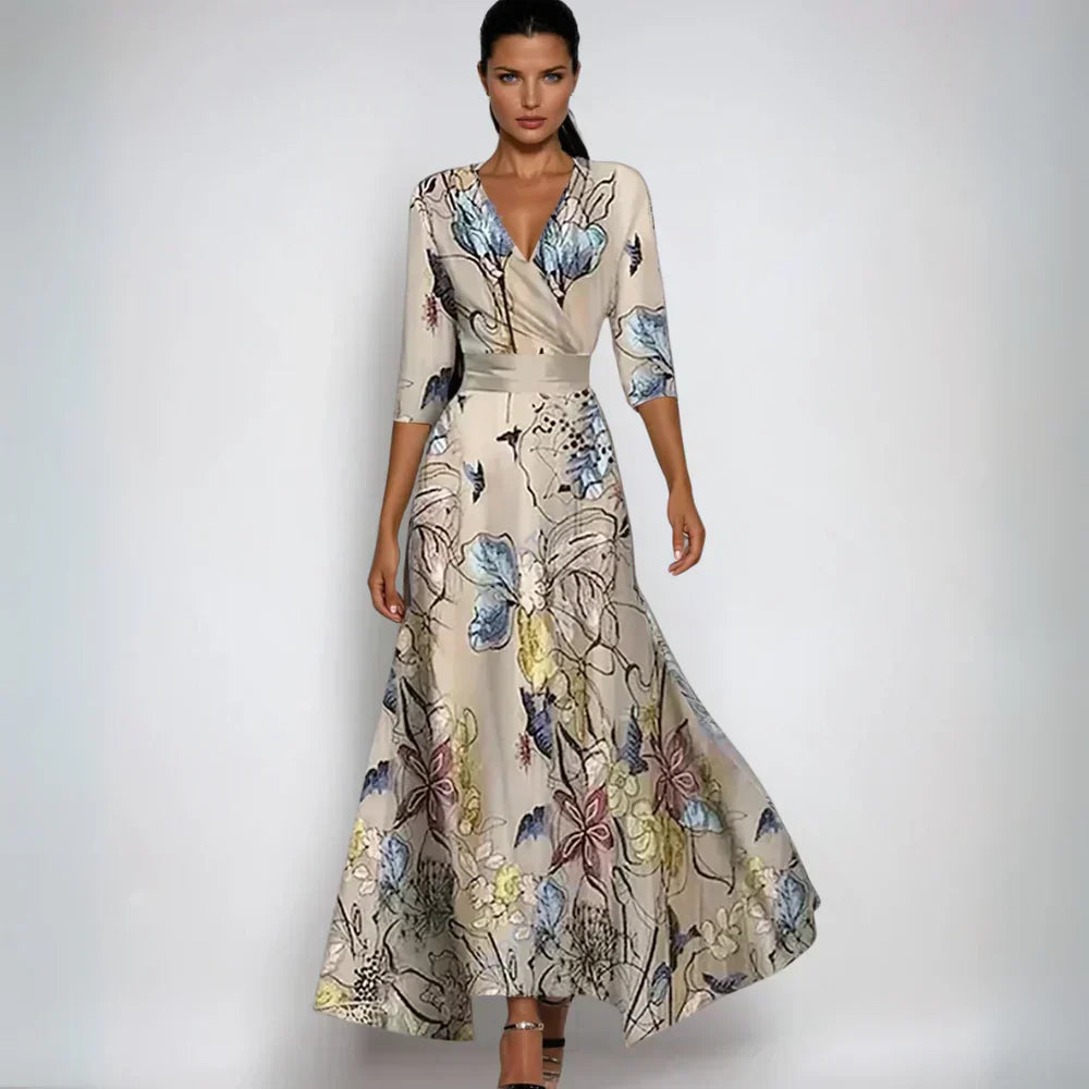 Damen Blumenmuster Wickel-Maxikleid | V-Ausschnitt
