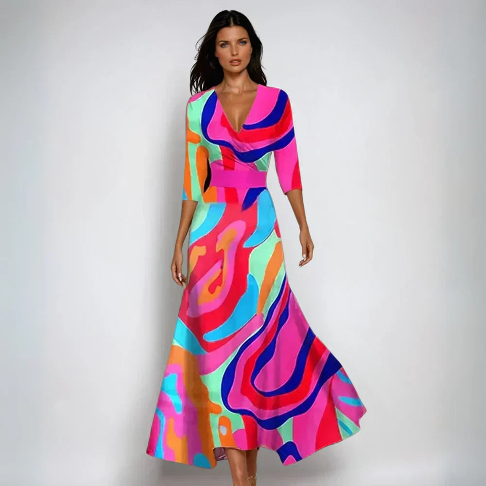 Damen Blumenmuster Wickel-Maxikleid | V-Ausschnitt