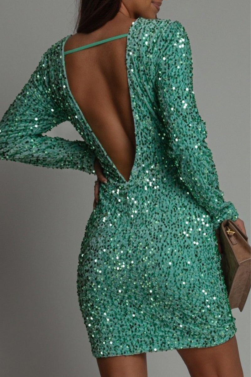 Damen Langärmliges Figurbetont Festliches Kleid | Mini