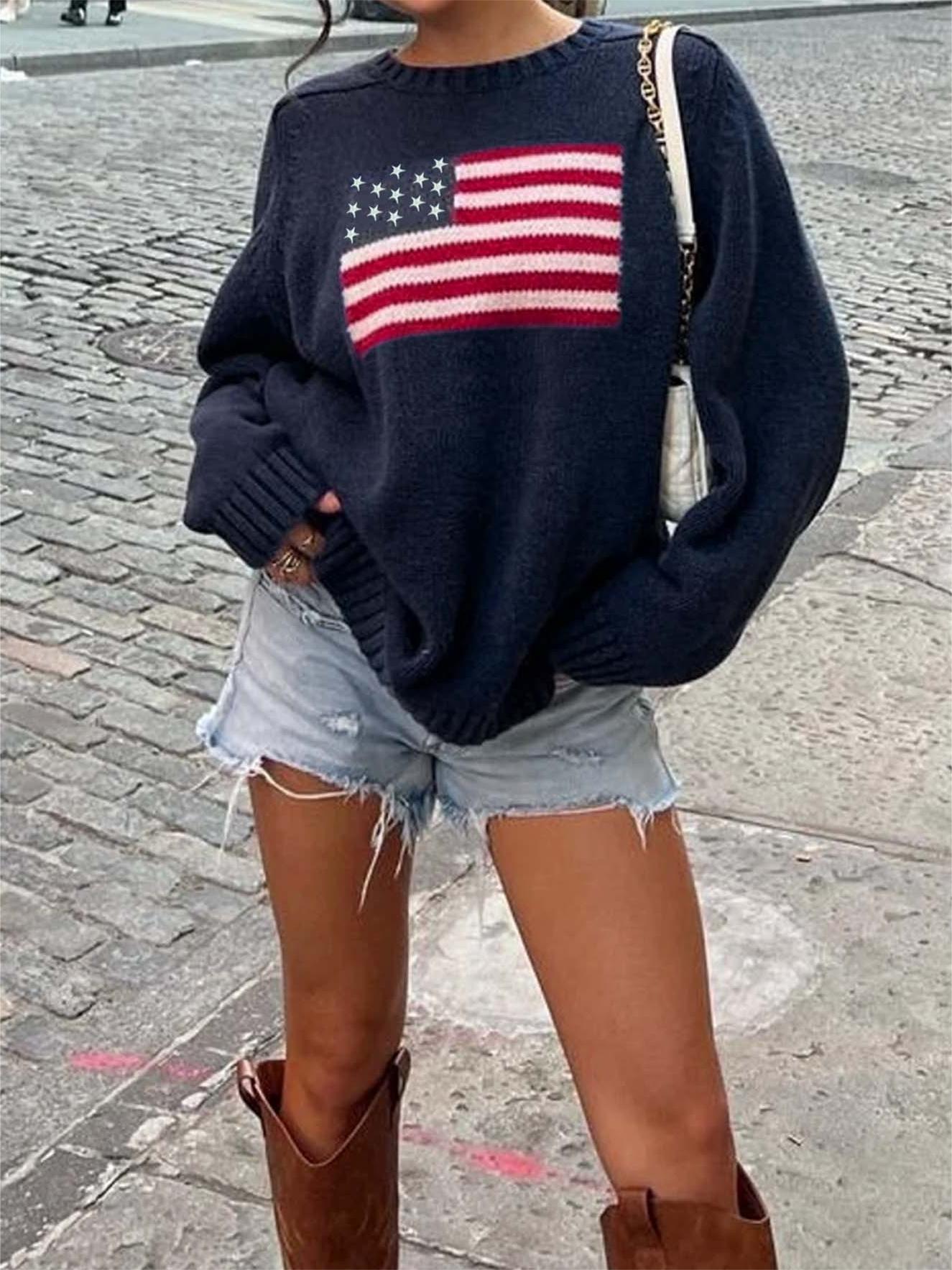 Vintage USA Flaggen Jacquard Pullover Sweater