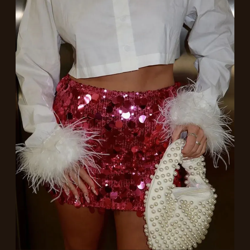 Damen Glitzernder Hochtaillierter Rock | Mini