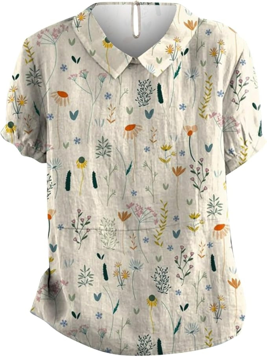 Damen Blumenmuster Kurzärmelige Bluse | mit Kragen