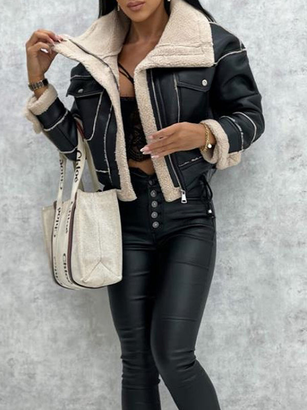 Einfarbige Vintage Lammwolle Kurzjacke mit Reißverschluss