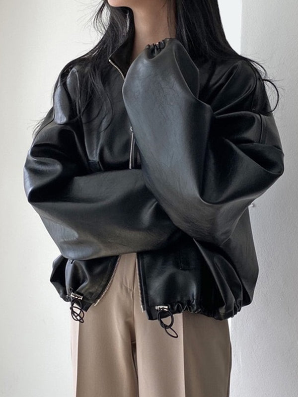Vintage Schwarze Lederjacke mit Kordelzug und Kragenkragen