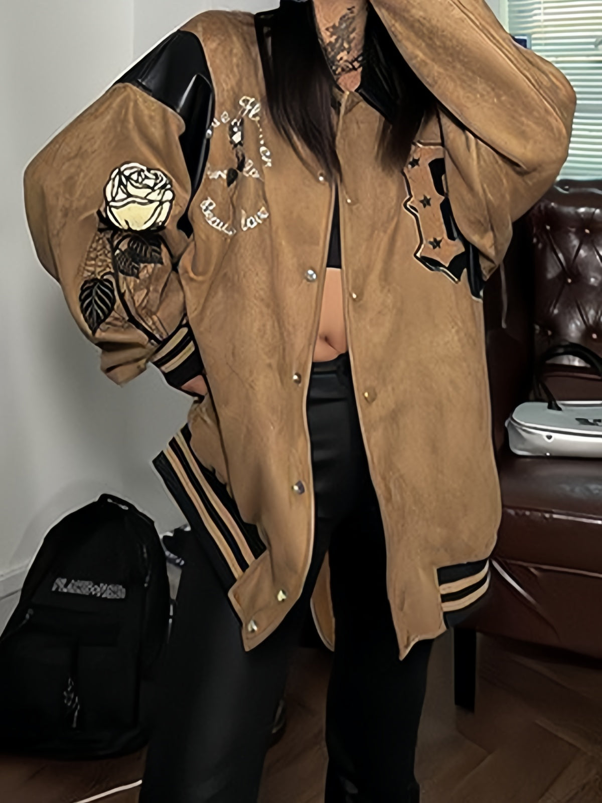 Vintage Braune Velour Lederjacke mit Stickerei