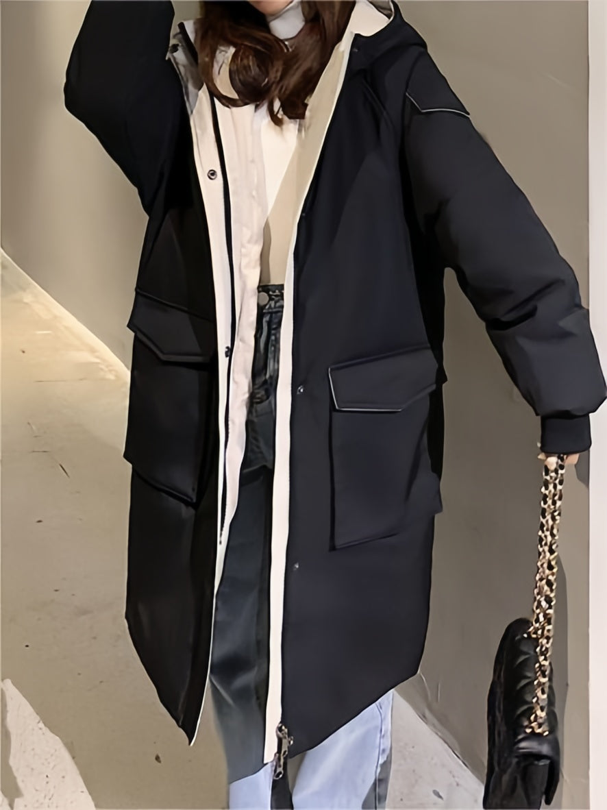 Klassische Kontrast Longline Steppjacke mit Kapuze
