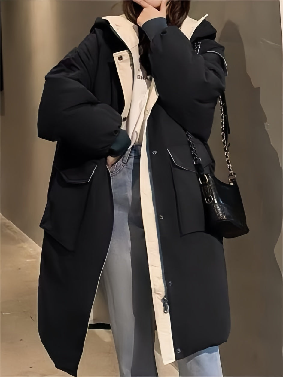 Klassische Kontrast Longline Steppjacke mit Kapuze