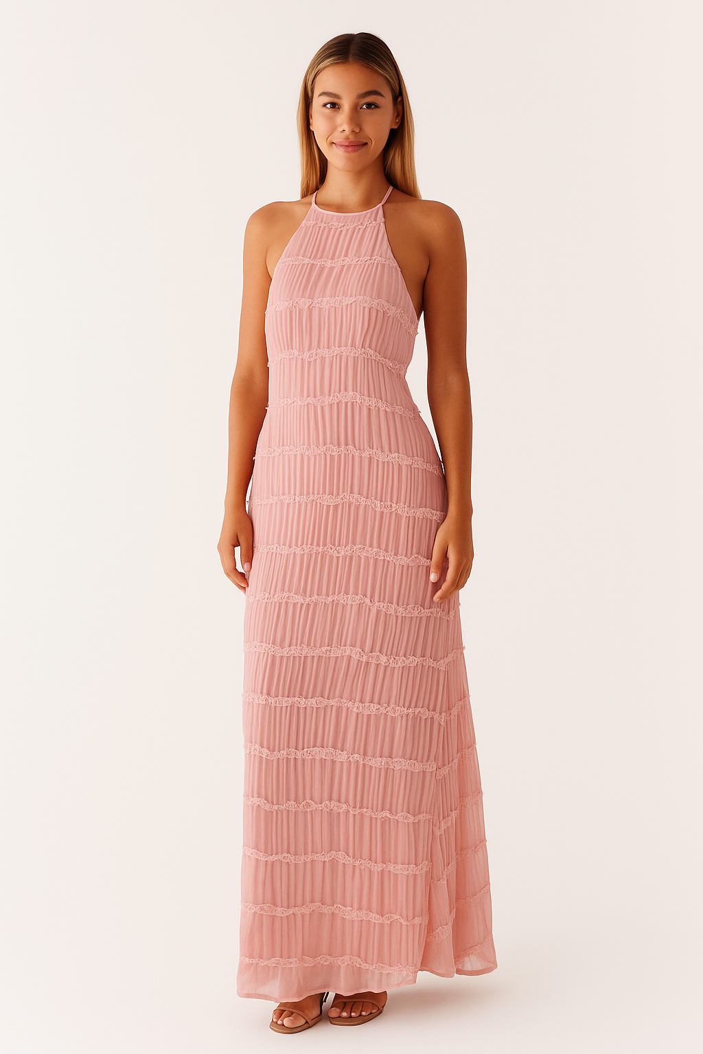 Plissiertes Maxikleid mit Neckholder für Damen in Rosa