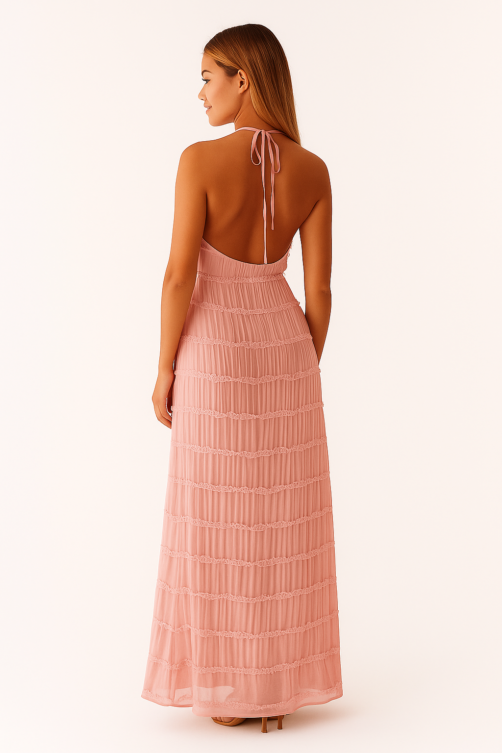 Plissiertes Maxikleid mit Neckholder für Damen in Rosa