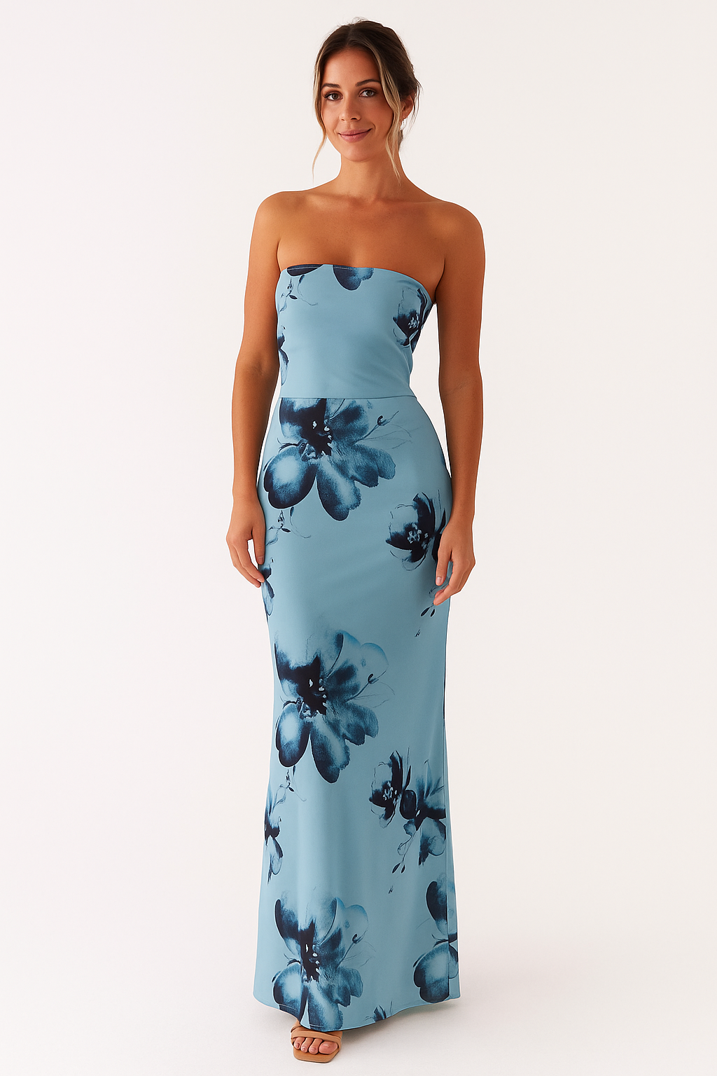 Blaues Maxikleid mit Blumenmuster für Damen