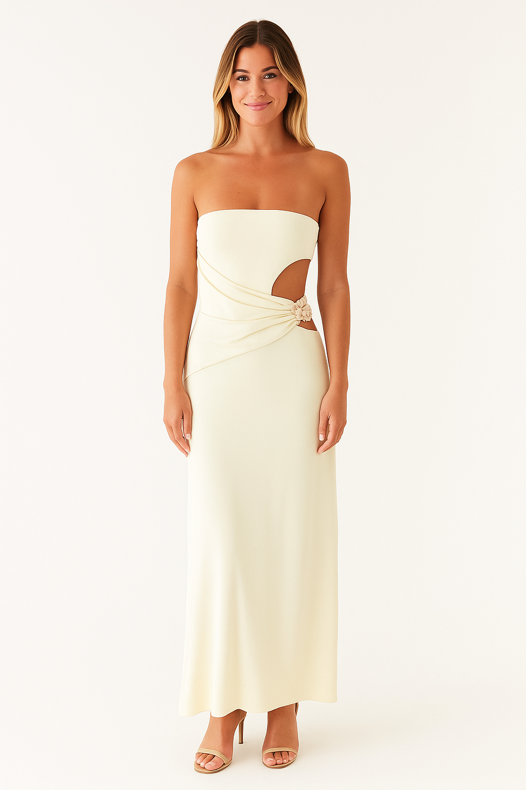 Trägerloses Maxikleid mit seitlichem Cut-out in Hellgelb