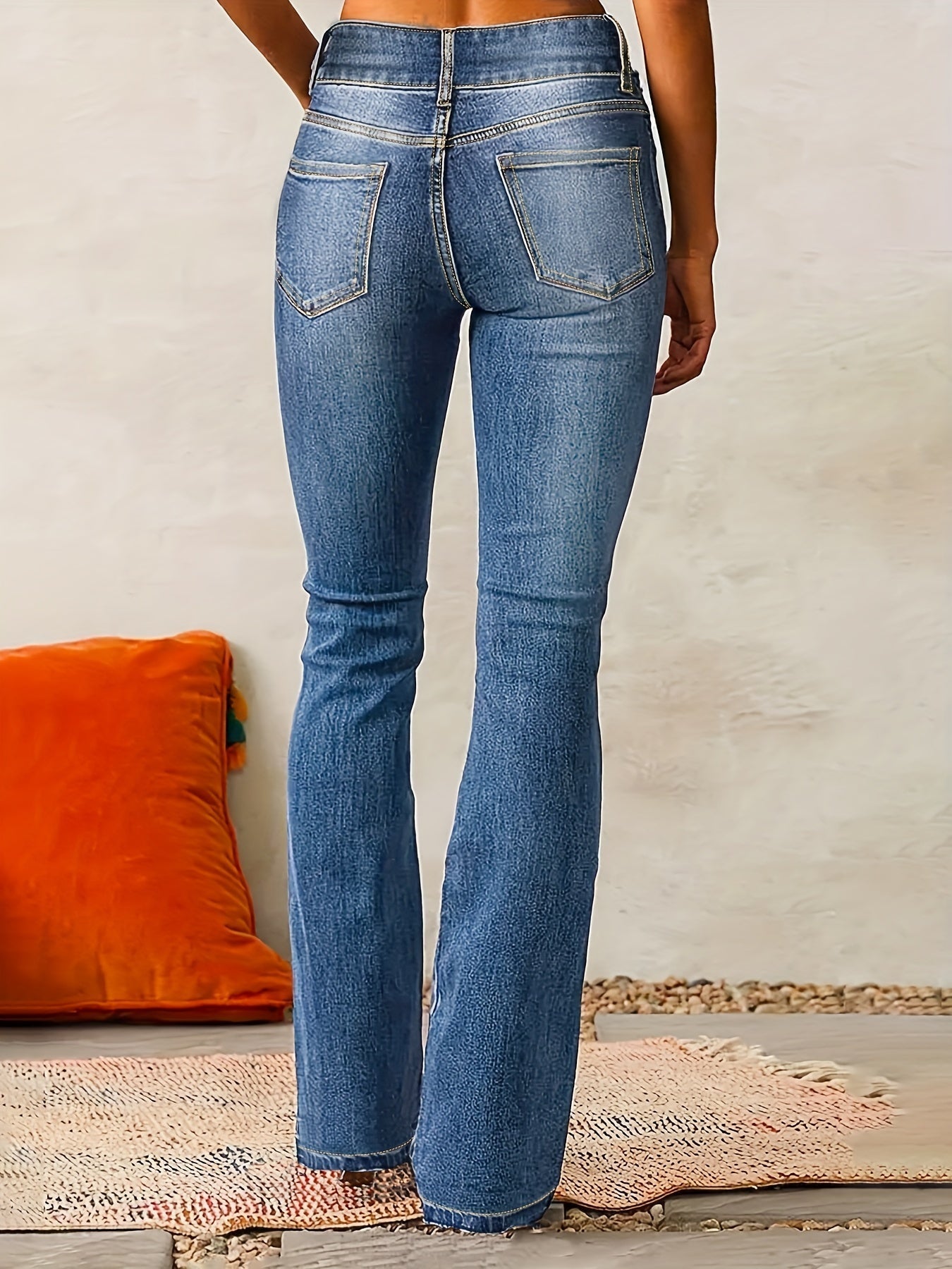 Damen Hoch Tailliert Schlagjeans | Doppelknopf Verschluss