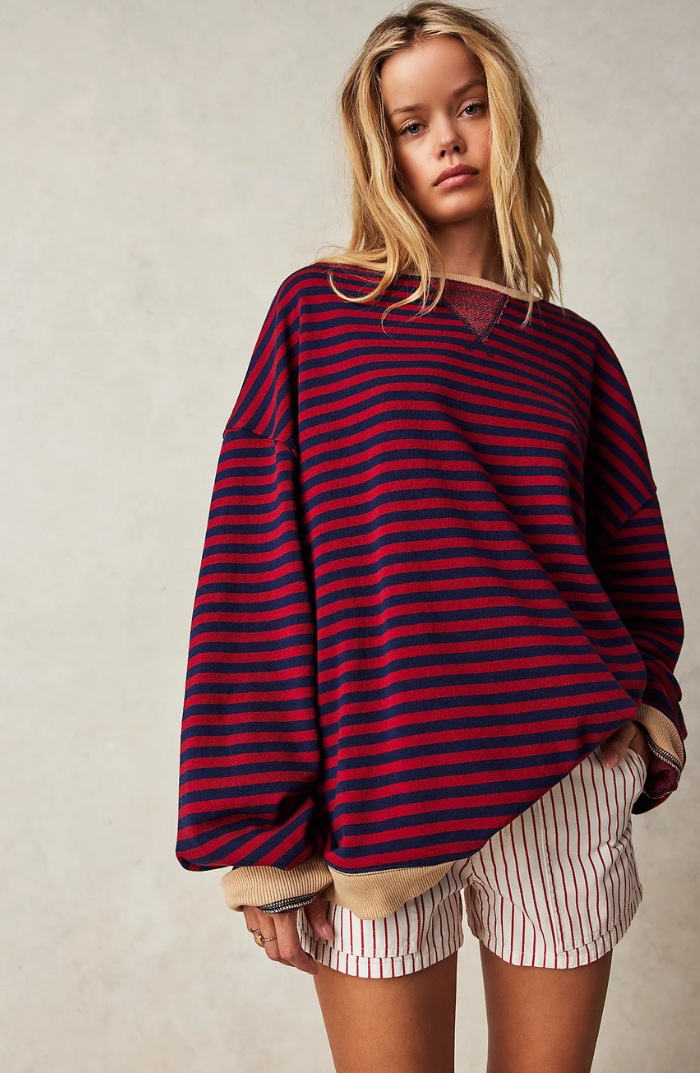 Damen Gestreiftes Rundhalsausschnitt Top | Langärmlig