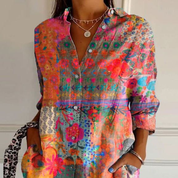 Damen Boho-Stil Blumenmuster Bluse | Langärmlig