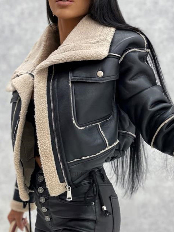 Einfarbige Vintage Lammwolle Kurzjacke mit Reißverschluss