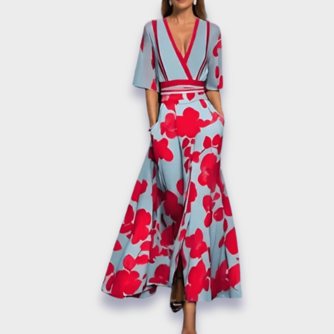 Damen Blumenmuster Wickel-Maxikleid | V-Ausschnitt