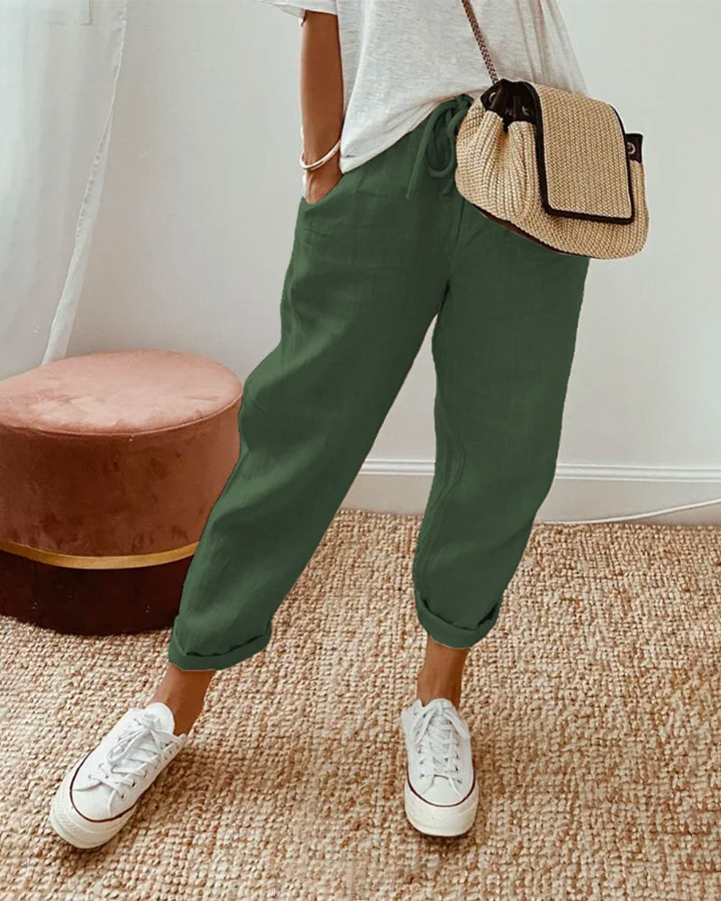 Damen Lässige Leinenhose | mit Kordelzug und Taschen