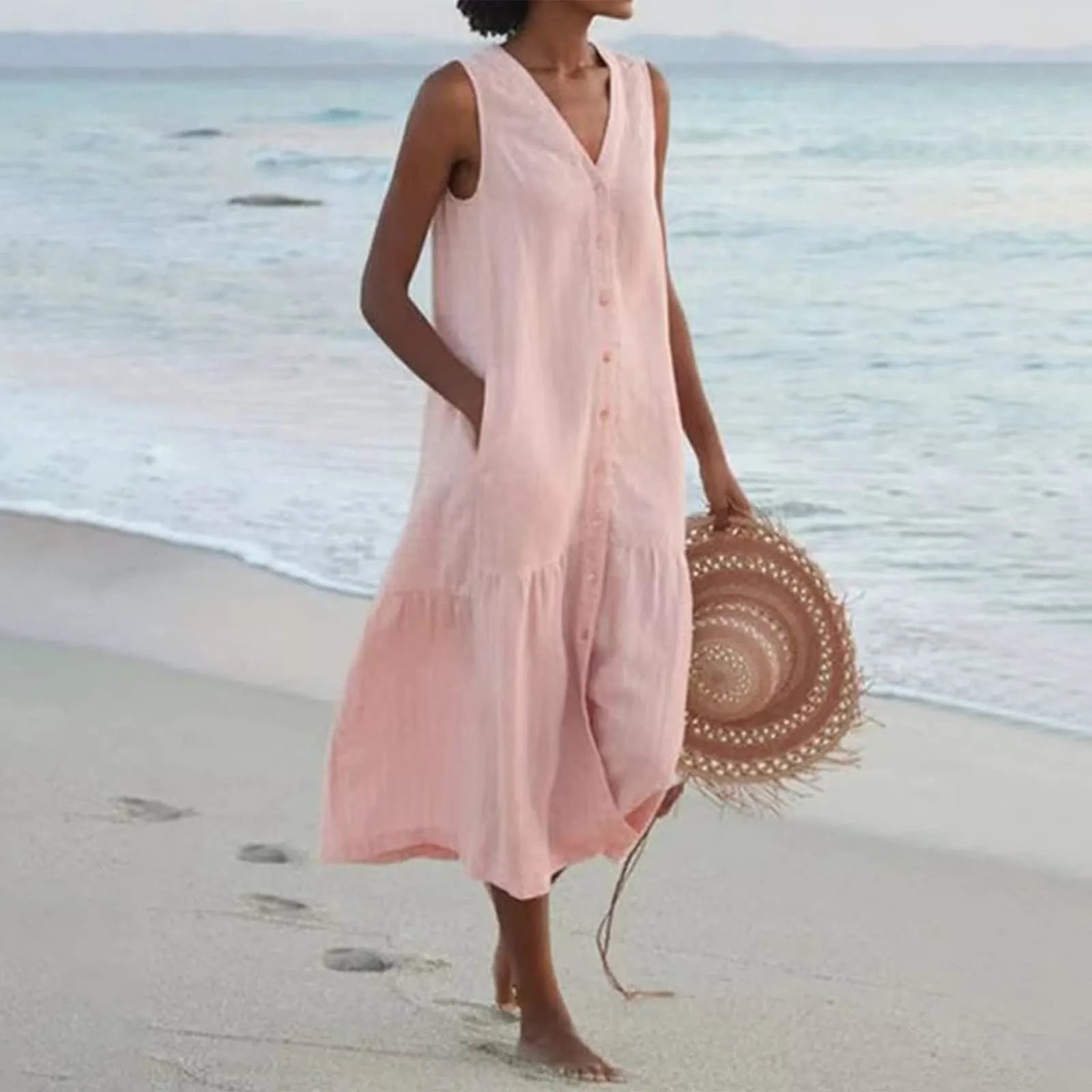 Damen Ärmellos V-Ausschnitt Strandkleid | Midi