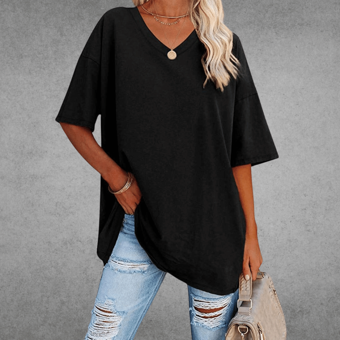 Damen Einfarbig V-Ausschnitt T-Shirt | Übergroß
