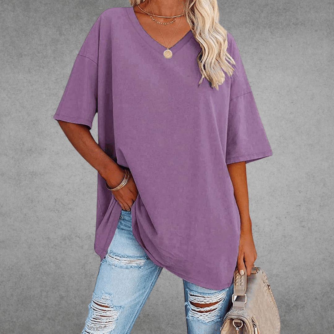 Damen Einfarbig V-Ausschnitt T-Shirt | Übergroß