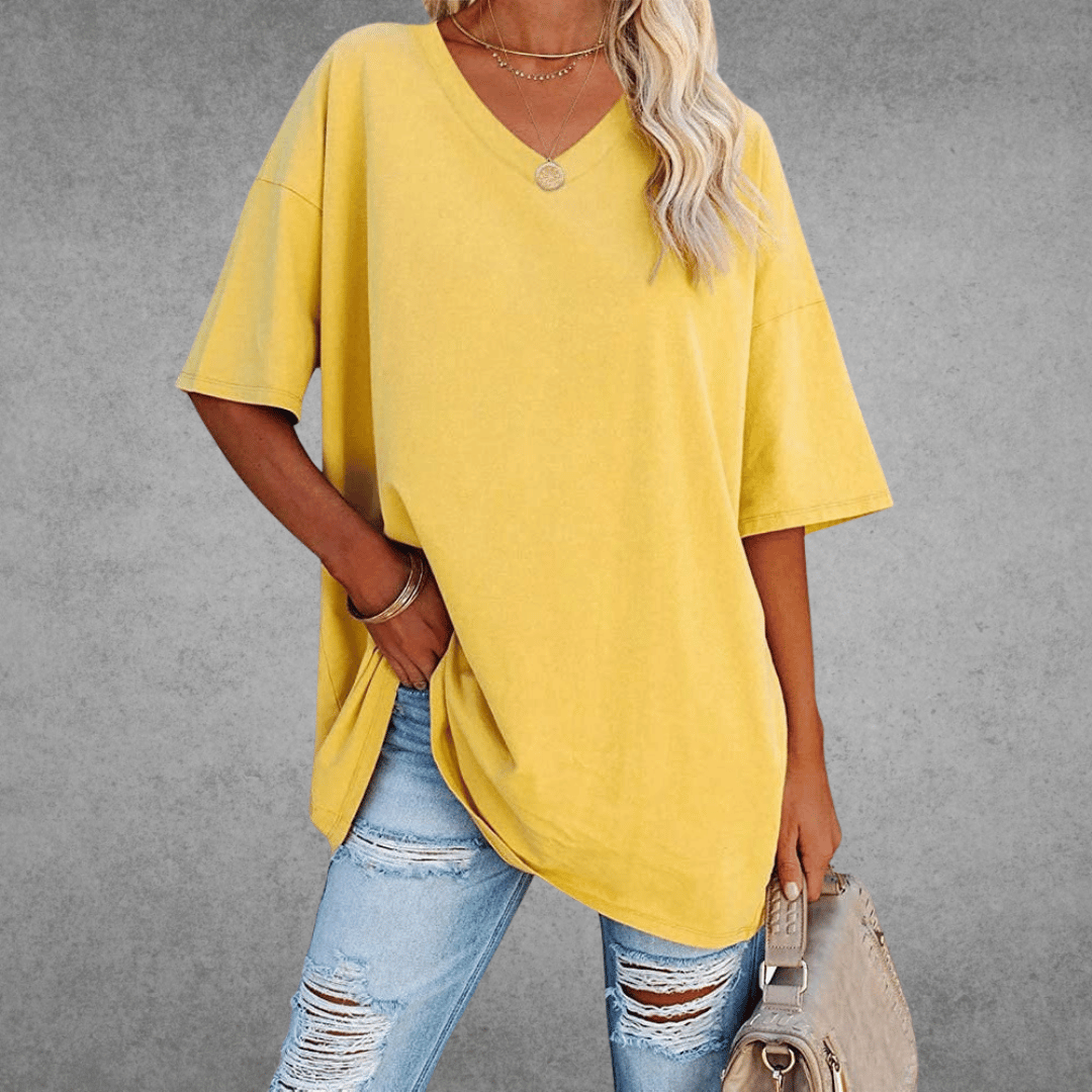 Damen Einfarbig V-Ausschnitt T-Shirt | Übergroß