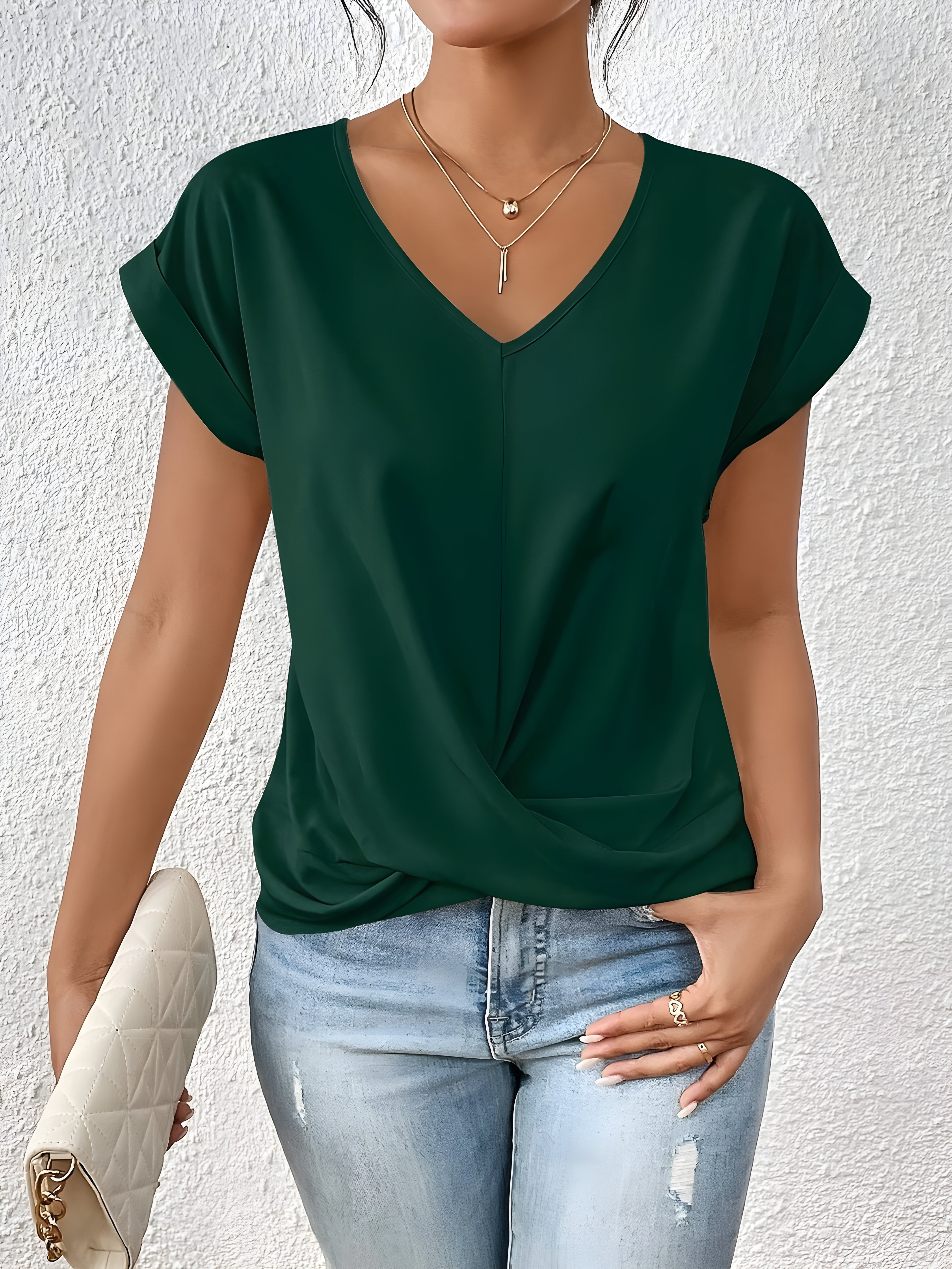 Damen Einfarbig V-Ausschnitt T-Shirt | Kurzarm