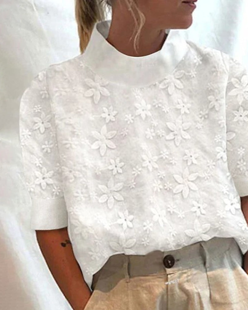 Damen Blumenmuster Kurzarm-Top | mit Stehkragen