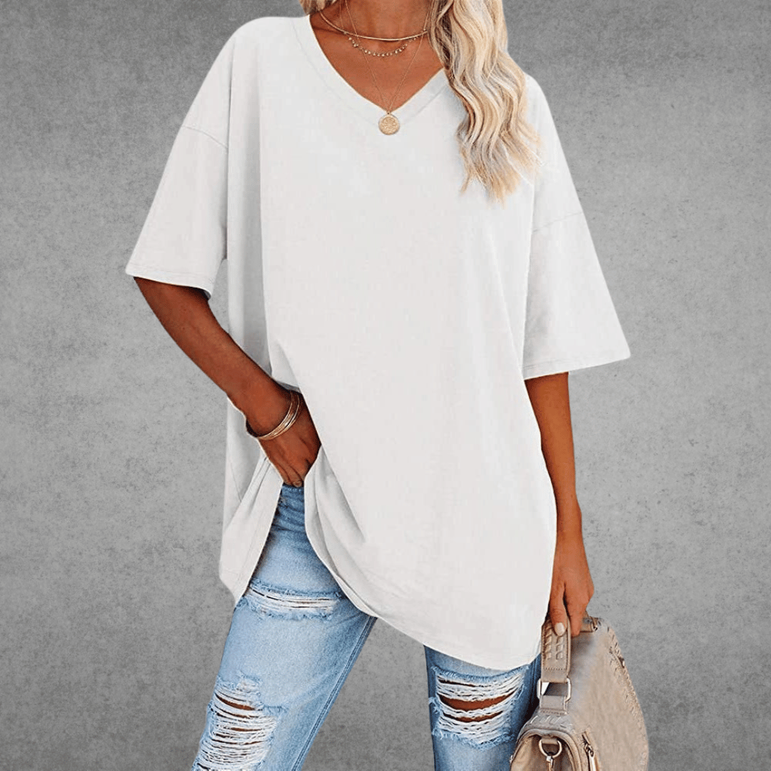 Damen Einfarbig V-Ausschnitt T-Shirt | Übergroß