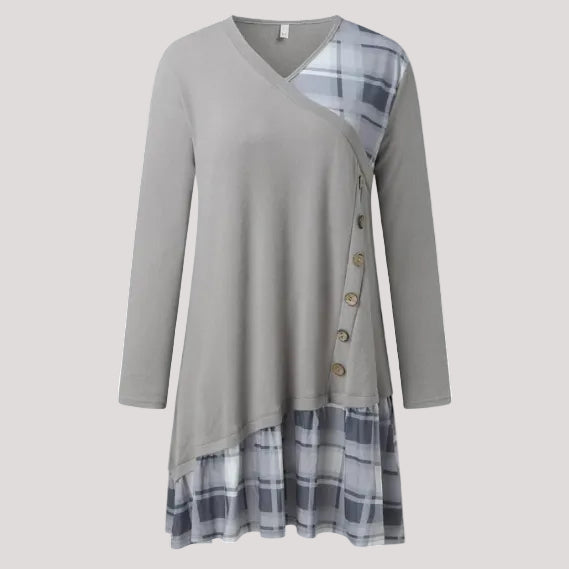 Damen Karo Lange Ärmeln Knöpfen Kleid | Midi