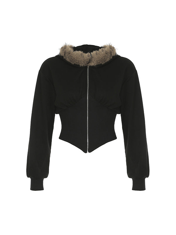 Schwarzer Y2k Fellkragen Unregelmäßiger Nähte Jacke