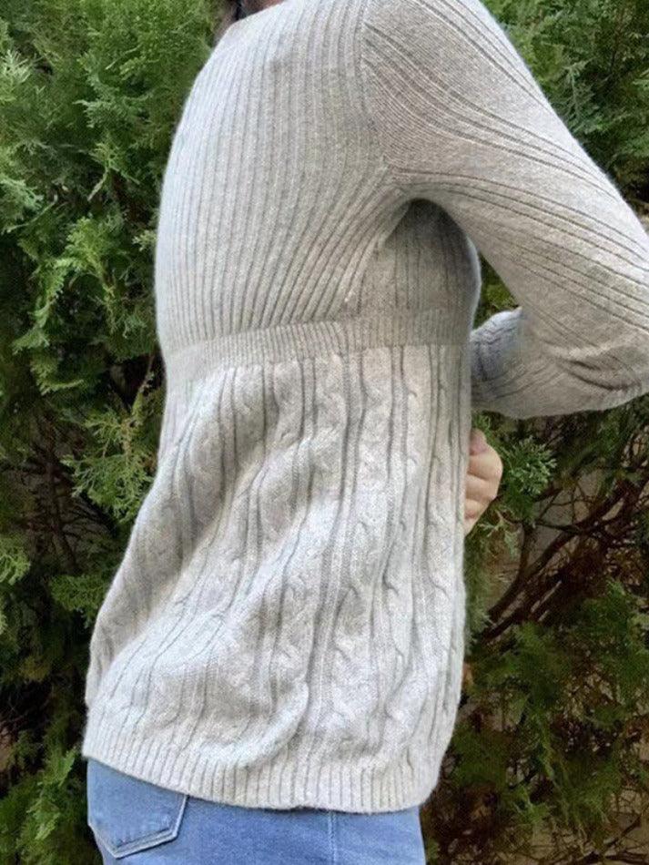 Vintage Grauer V-Ausschnitt Pullover mit Häkel A-Linien-Saum