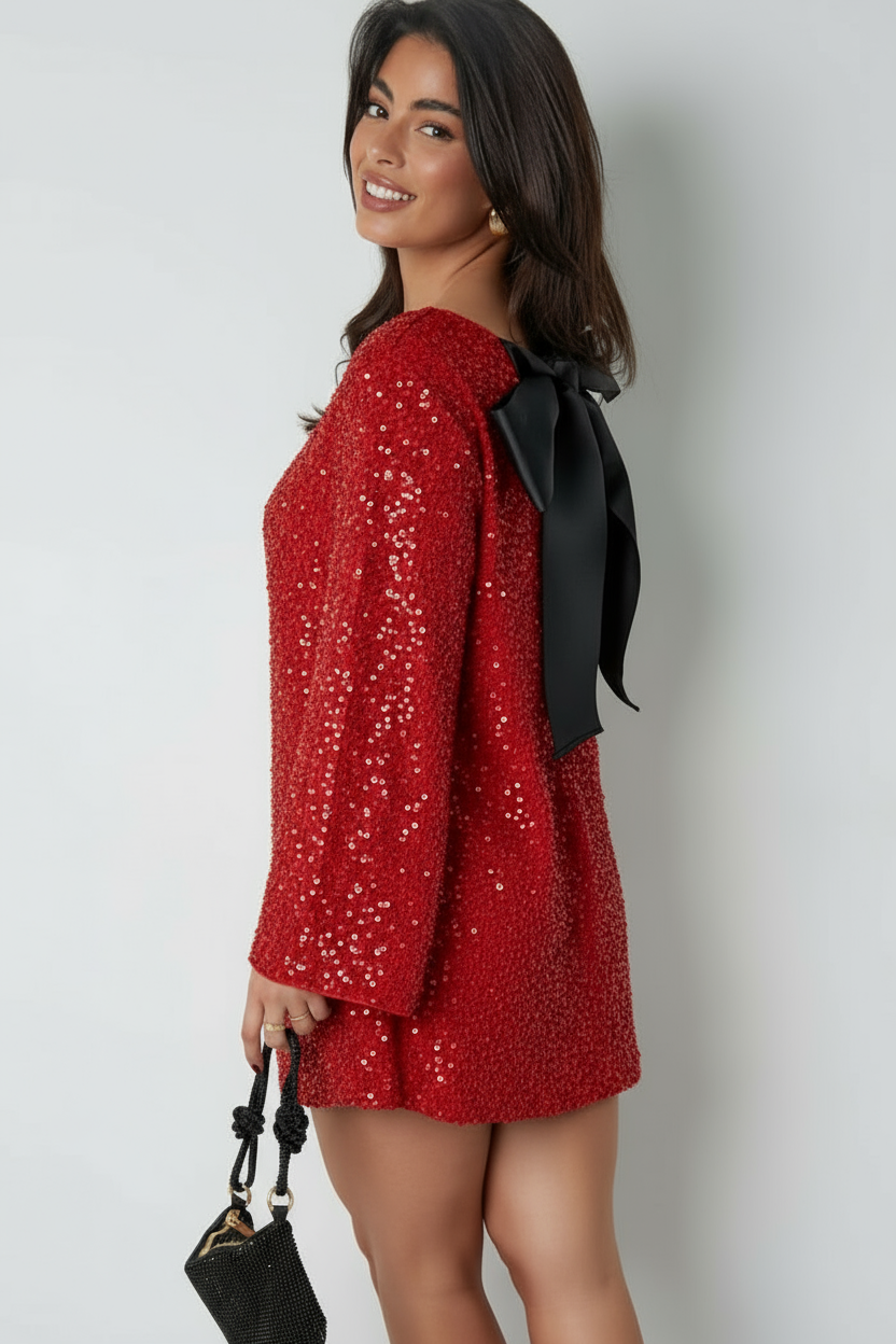 Damen Langarm Hochzeitsgast Kleid mit Schleifendetails | Mini