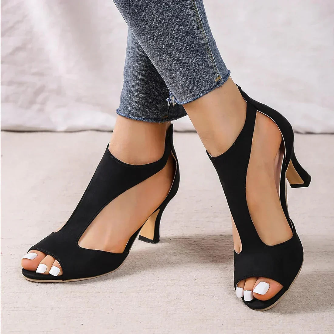 Damen T-Riemchen Blockabsatz Sandalen | Offene Zehen