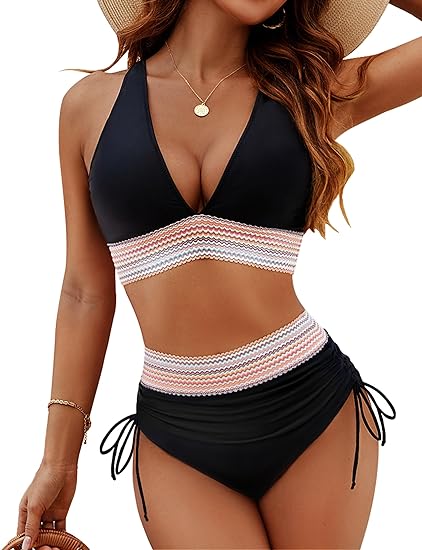 Damen Zweiteiler Farbblockmuster Bikini Set | Mit Hohem Bund