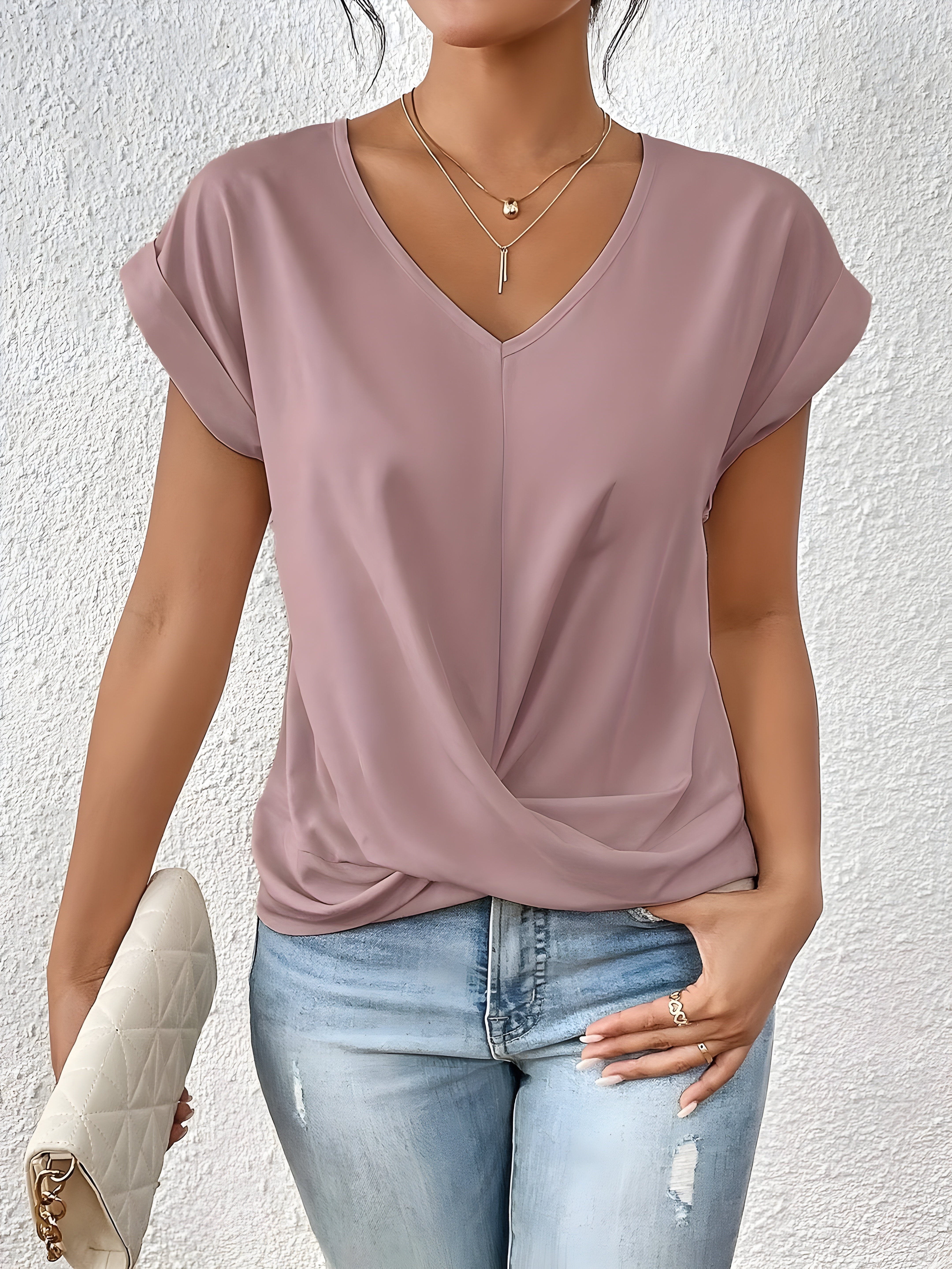 Damen Einfarbig V-Ausschnitt T-Shirt | Kurzarm