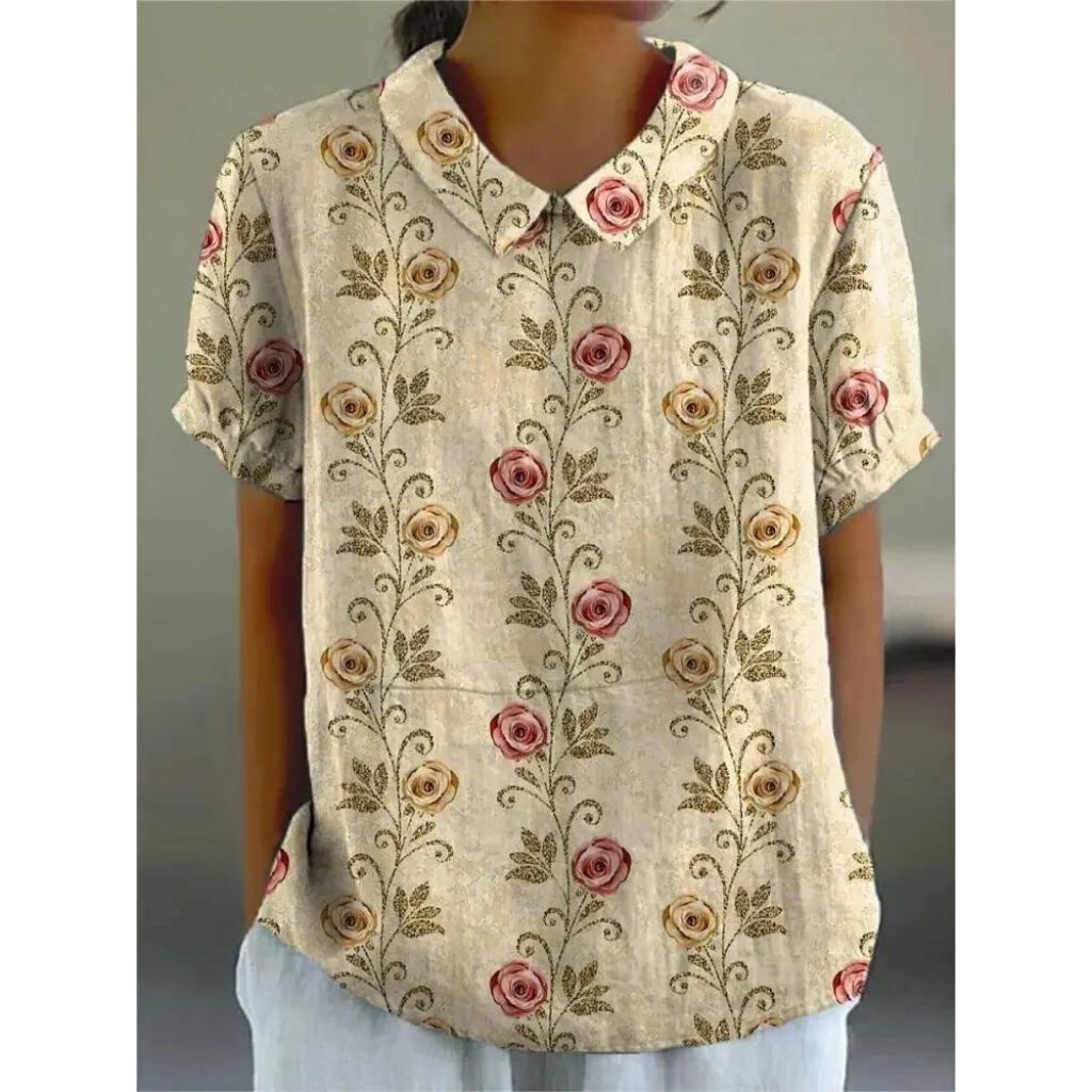 Damen Lässige Blumenmuster Bluse | Kurze Puffärmel