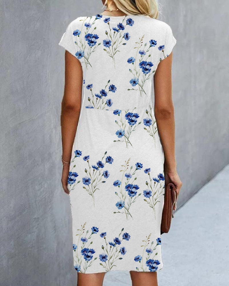 Damen Blumenmuster Kurzen Ärmeln Wickelkleid | Midi