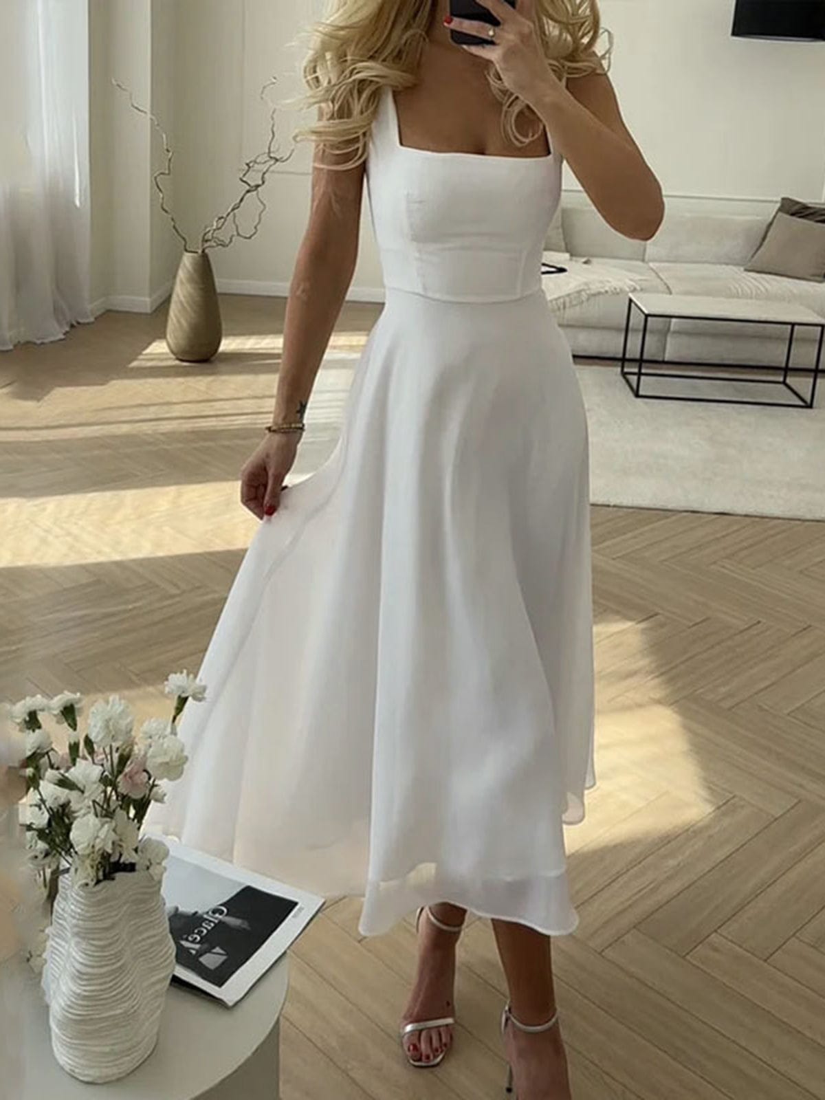 Damen Ärmelloses Midi Kleid | Quadratischer Hals A-Linie