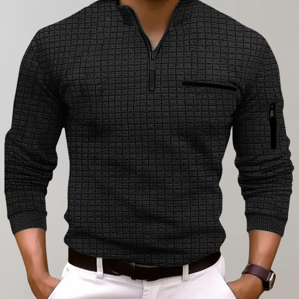 Herren Karomuster Stehkragen Langarm Polo-Shirt | mit Viertelreißverschluss