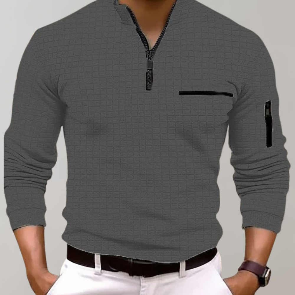 Herren Karomuster Stehkragen Langarm Polo-Shirt | mit Viertelreißverschluss