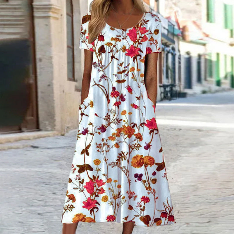 Damen Blumenmuster Sommerkleid mit Taschen | Midi