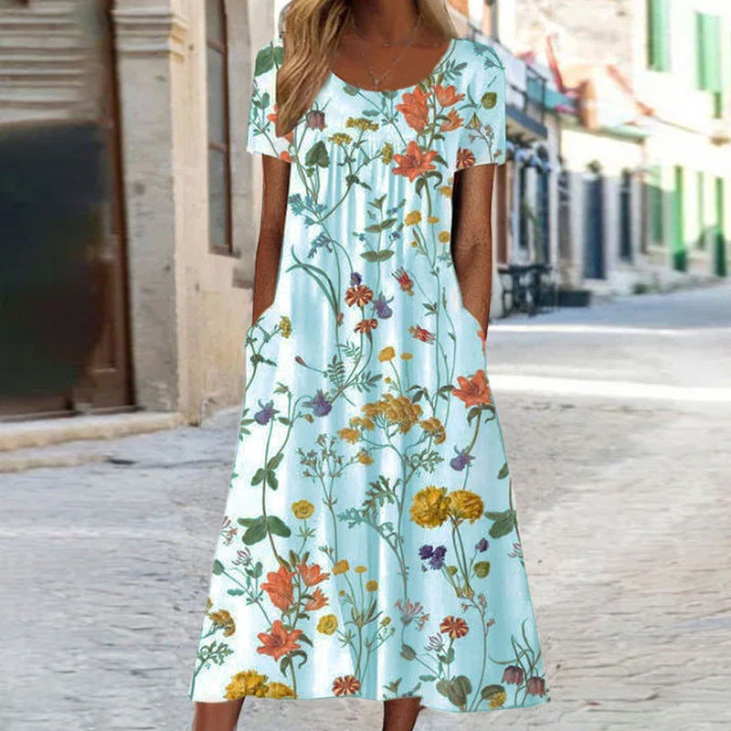 Damen Blumenmuster Sommerkleid mit Taschen | Midi