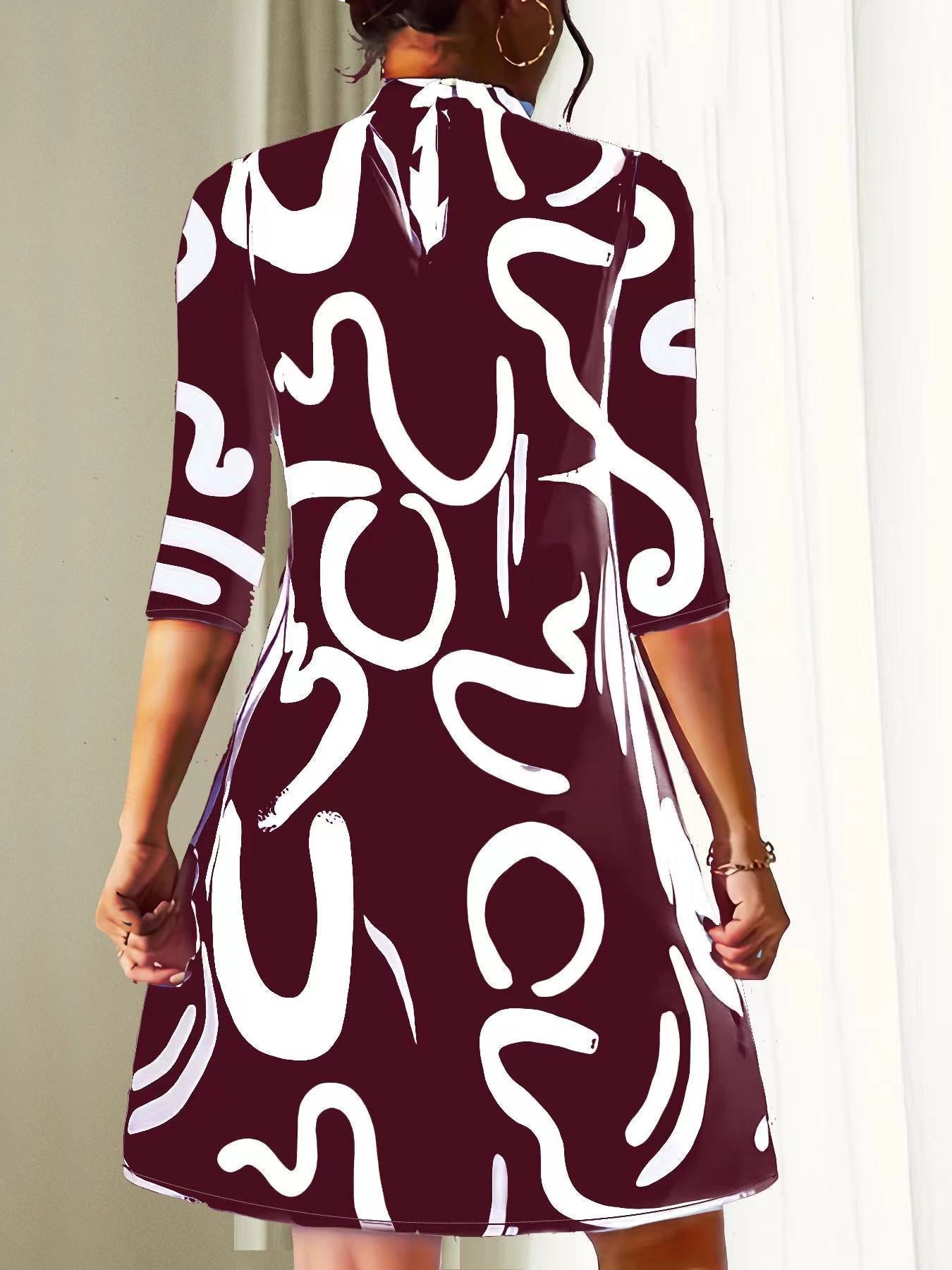 Damen Lässig Locker Sitzendes Stehkragen Kleid | 3/4 Ärmel