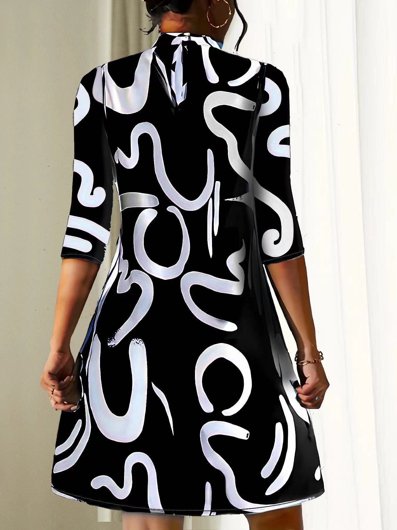 Damen Lässig Locker Sitzendes Stehkragen Kleid | 3/4 Ärmel
