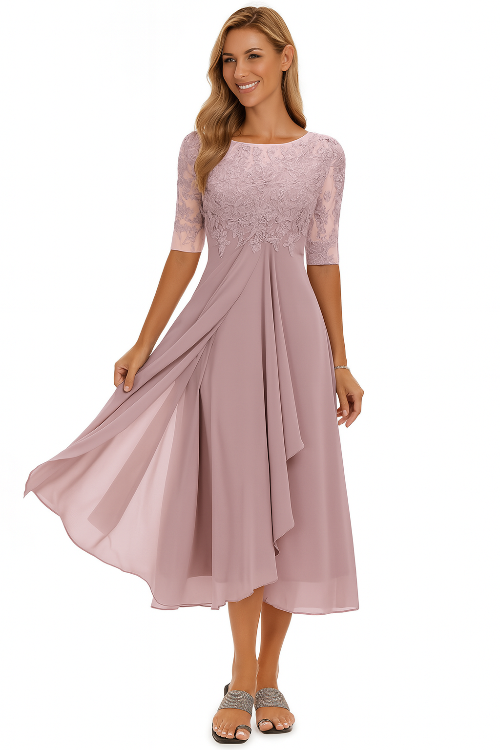 Damen 3/4-Ärmel Hochzeitsgast Kleid | Midi