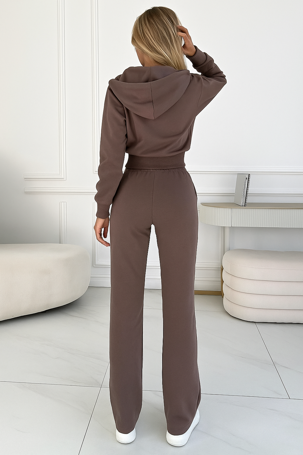 Damen 2-Teiliger Jogginganzug | Weit Bein Hose und Kurzer Kapuzenpullover