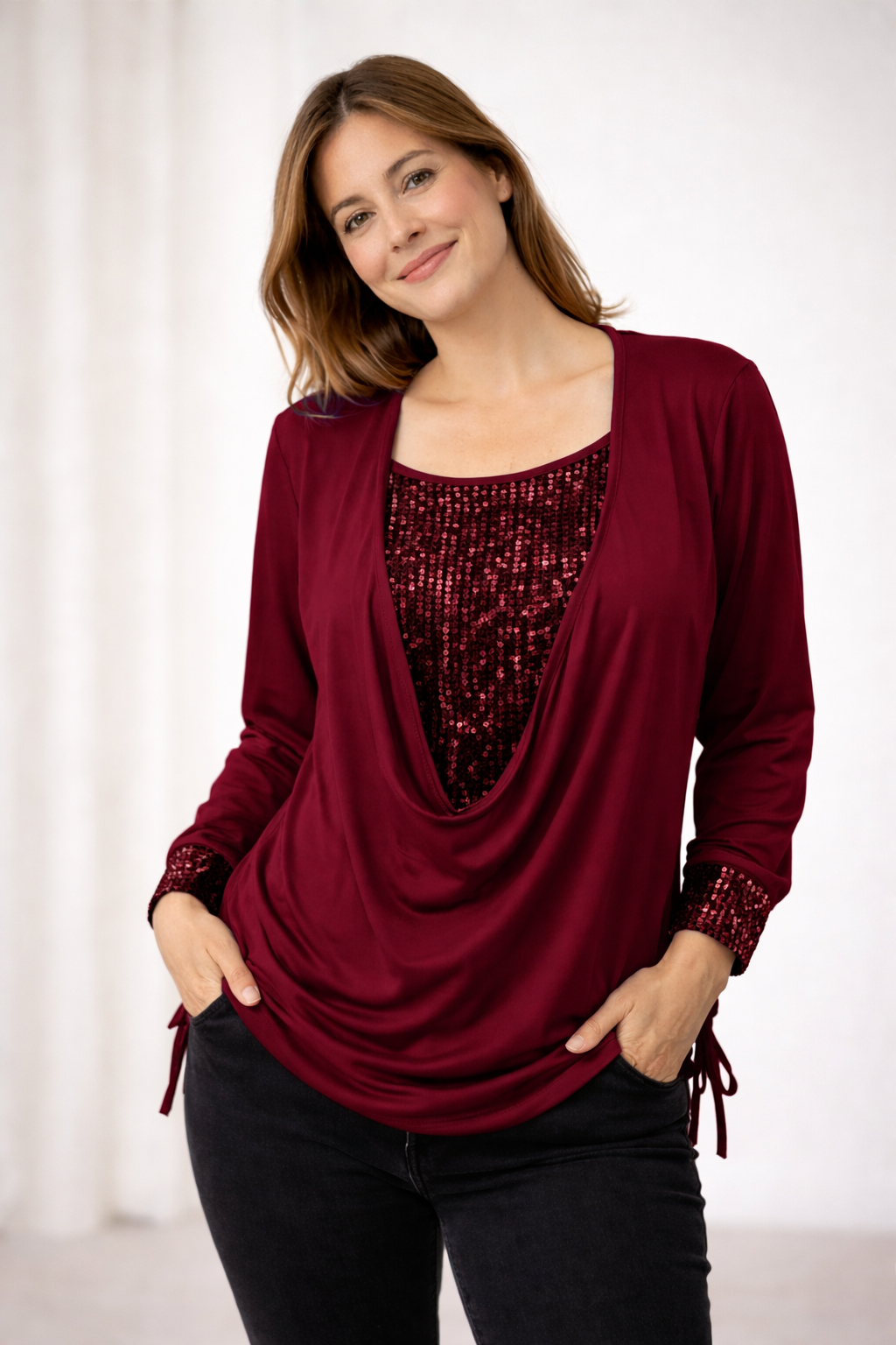 Damen Wasserfallausschnitt Party Bluse | Langärmlig