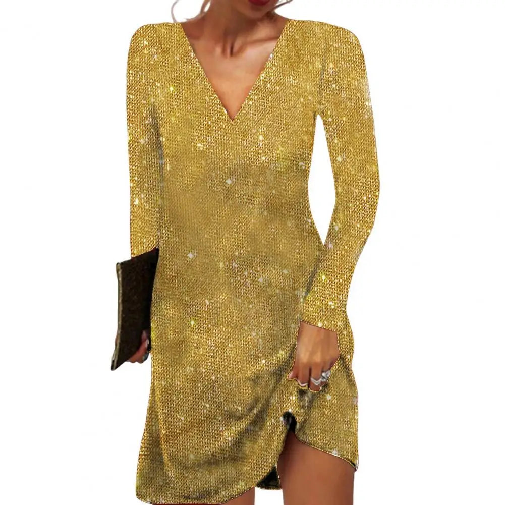 Damen Langärmliger V-Ausschnitt Festliches Kleid | Mini